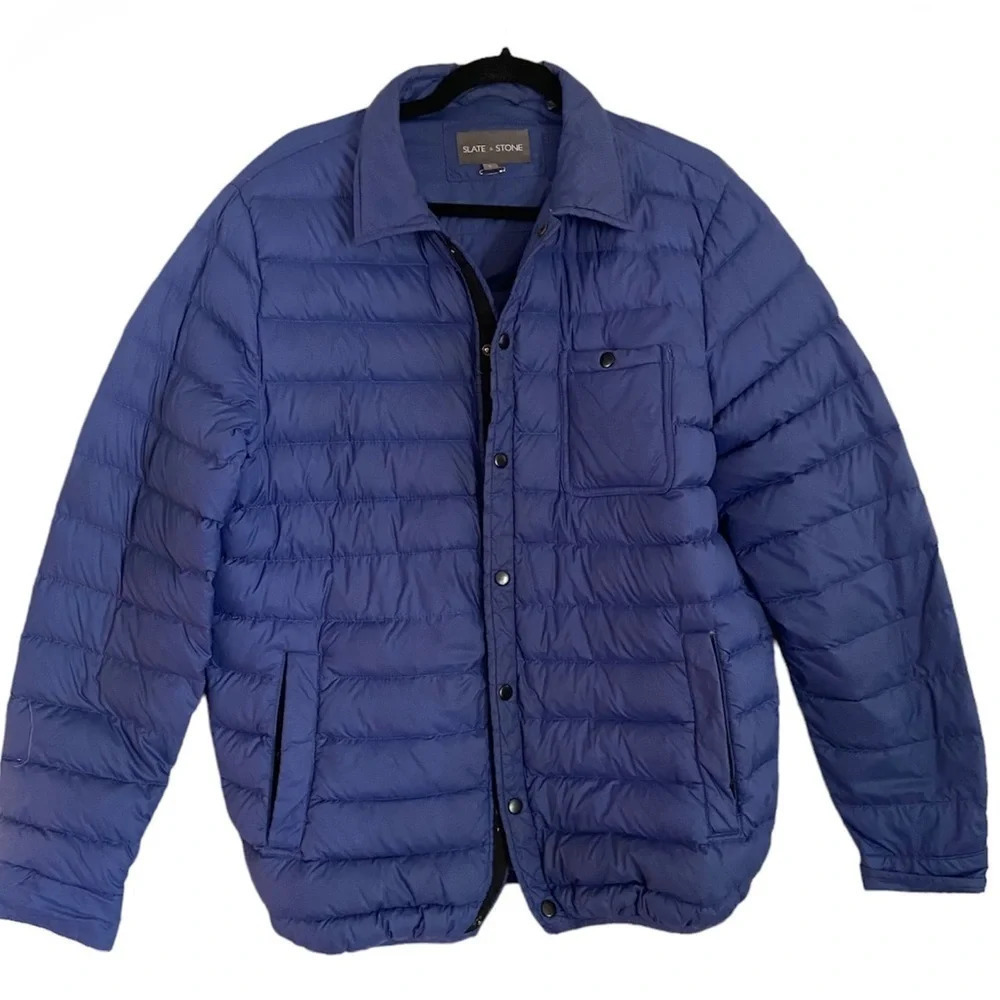 Slate & Stone Mens Blue Down Quilted Puffer Jacket Shirt Jacket Sz L
